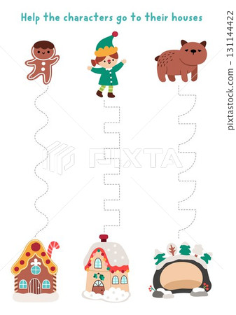 Vector Christmas handwriting practice worksheet with gingerbread man, elf and bear going to their houses. Printable activity for preschool kids with cute homes. Winter holiday tracing game Vector Christmas handwriting practice worksheet with gingerbread man, elf and bear going to their houses. Printable activity for preschool kids with cute homes. Winter holiday tracing game 131144422