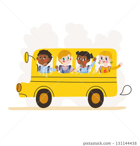 Vector illustration of a yellow school bus with funny cute school kids, for Back to School templates 131144438