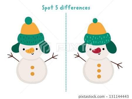 Christmas find differences game for children. Winter holiday educational activity with snowman. Cute puzzle for kids with funny New Year character. Printable worksheet, page for logic, attention 131144443