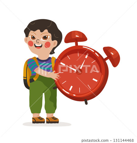 Asian schoolboy smiles and holds in his hands a large red alarm clock, a print for school templates, postcards, invitations 131144468