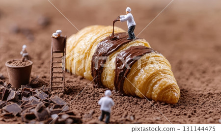 Tiny bakers are decorating a freshly baked croissant with chocolate in a playful culinary scene filled with baking ingredients 131144475