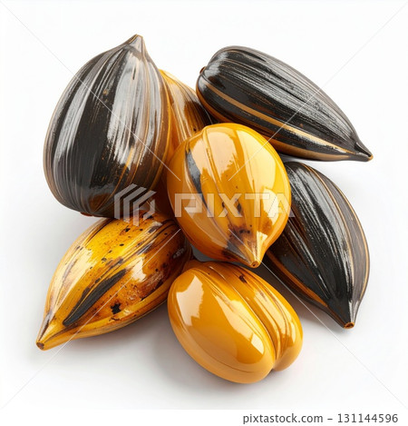 Pile of Black and Yellow Striped Sunflower Seeds on White Background 131144596