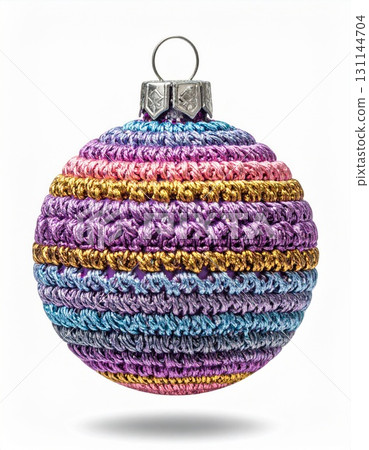 Festive Christmas Ornament with Textured Multicolored Stripes on a Clean White Background 131144704
