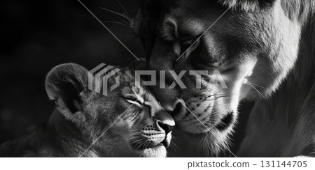 A lioness tenderly nuzzles her cub, demonstrating their affectionate bond in a natural setting during daylight 131144705