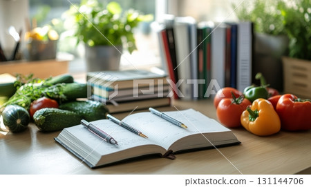 Books are stacked next to fresh vegetables on a light wooden table with pens ready for writing, illuminated by sunlight 131144706