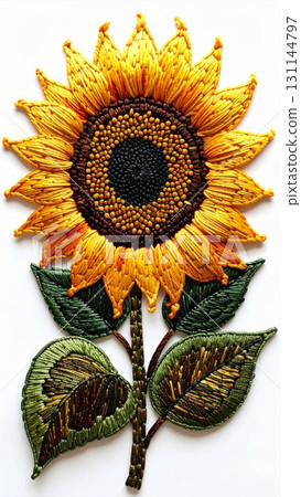 Golden Sunflower Embroidery Art Isolated on White Background Detail Floral Ornament Golden Sunflower Embroidery Art Isolated on White Background Detail Floral Ornament 131144797