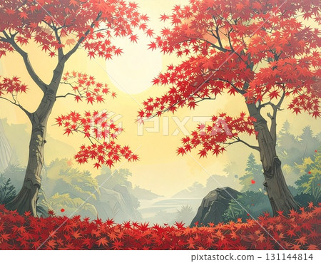 [AI-generated image] Illustrated autumn foliage scenery in a remote mountain area 131144814