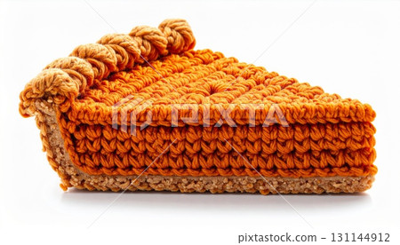 Knitted Pumpkin Pie Slice with Textured Crust and Filling on White Background 131144912