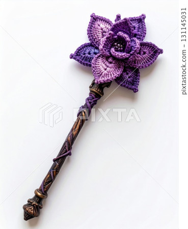 Elegant Purple Crochet Flower Magic Wand on White Background for Fairy Tales 131145031