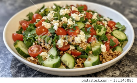 A vibrant salad combines mixed greens, cherry tomatoes, cucumbers, and granola for a healthy, flavorful dish, perfect for any meal 131145095
