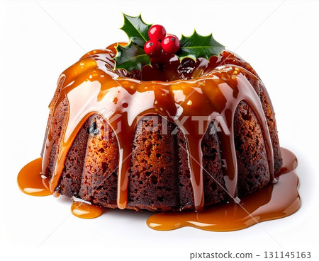 Caramel Drizzled Bundt Cake Topped with Holly Berries Against White Background Caramel Drizzled Bundt Cake Topped with Holly Berries Against White Background 131145163