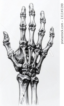 Detailed Black and White Sketch of a Human Hand Skeleton in Medical Illustration Style 131145199
