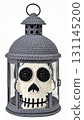 Gray Lantern with Crochet Skull Inside Halloween Decoration on White Background 131145200