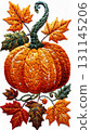 Pumpkin Art with Autumn Maple Leaves Intricate Needlework on White Background 131145206