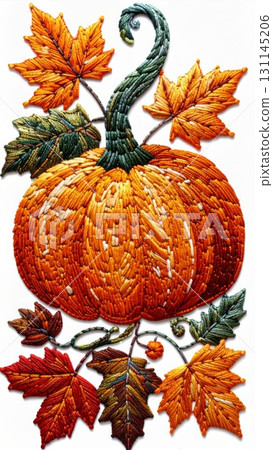 Pumpkin Art with Autumn Maple Leaves Intricate Needlework on White Background 131145206
