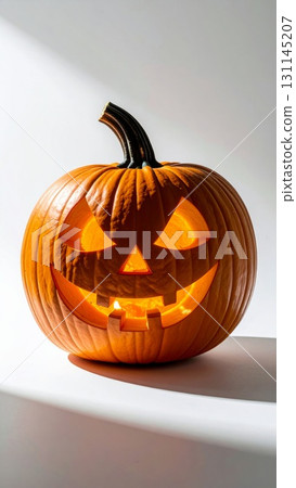 Carved Orange Halloween Pumpkin with Glowing Light on White Background 131145207