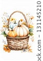 Watercolor Autumn Basket with White Orange Pumpkins Floral Accents 131145210