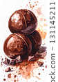 Watercolor Illustration of Stacked Dark Chocolate Truffles with Chocolate Pieces and Splatters on White 131145211