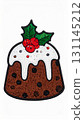 Festive Christmas Pudding with White Icing and Holly Berries on White Background 131145212