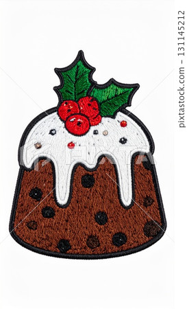 Festive Christmas Pudding with White Icing and Holly Berries on White Background 131145212
