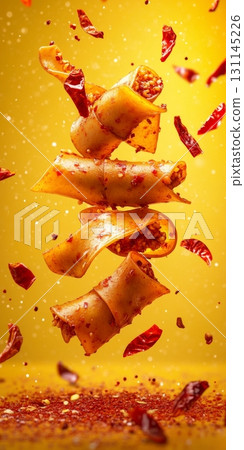 Wide noodles in chili oil contrast beautifully against a bright yellow background, sprinkled with spicy pepper flakes 131145226