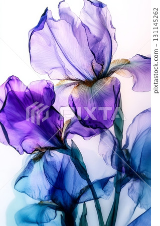 Vibrant alcohol ink creation showcases elegant purple and blue flowers set against a light background, emphasizing intricate details 131145262