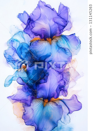 Vivid alcohol ink art showcases flowers in blue and purple with black and gold accents, highlighting intricate details 131145263