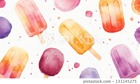 Brightly colored popsicles in various shapes and flavors are surrounded by splashes of abstract color, creating a cheerful atmosphere 131145275