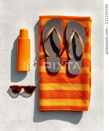 Summer vacation items flat lay on white background 131145350
