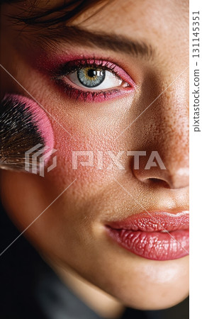 Woman applying makeup with pink blush brush 131145351