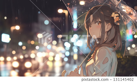 一個女孩站在雨夜，路燈的燈光 131145402