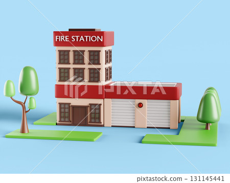 Fire station building with gates and red alarm siren. Cartoon summer landscape with town firefighter department. Office of extinguisher service with garage for emergency rescue trucks. 3D illustration Fire station building with gates and red alarm siren. Cartoon summer landscape with town firefighter department. Office of extinguisher service with garage for emergency rescue trucks. 3D illustration 131145441