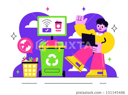Smart Recycling Bins Illustration Featuring Technology with Intelligent Waste Sorting, Environmental Monitoring, and Sustainable Garbage Management 131145486