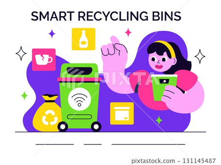 Smart Recycling Bins Illustration Featuring Technology with Intelligent Waste Sorting, Environmental Monitoring, and Sustainable Garbage Management Smart Recycling Bins Illustration Featuring Technology with Intelligent Waste Sorting, Environmental Monitoring, and Sustainable Garbage Management 131145487