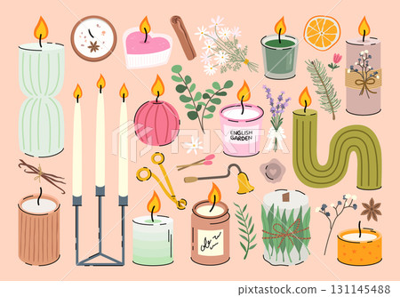 Hand drawn colorful collection of burning candles. Decorative wax candles of various sizes and shapes, candlesticks, accessories for candles, dried flowers and fruits for aromatherapy and relaxation. Hand drawn colorful collection of burning candles. Decorative wax candles of various sizes and shapes, candlesticks, accessories for candles, dried flowers and fruits for aromatherapy and relaxation. 131145488