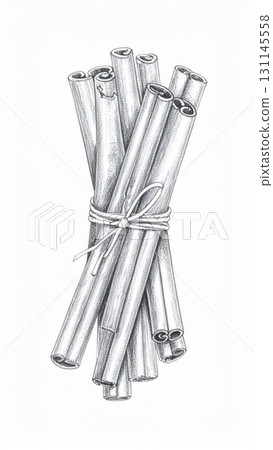 Bundle of Cinnamon Sticks Tied with Twine on White Background Still Life 131145558