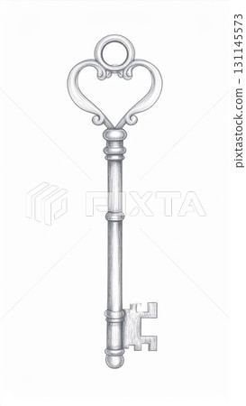 Detailed Antique Skeleton Key with Ornate Handle on Clean White Background Detailed Antique Skeleton Key with Ornate Handle on Clean White Background 131145573