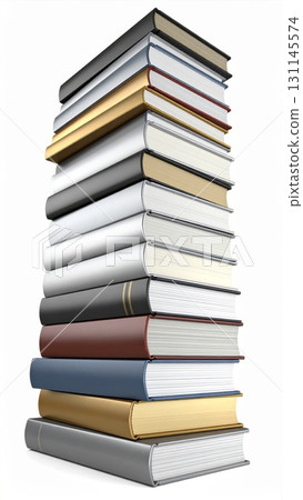 Tall Stack of Various Colors Books Leaning on White Background Representing Learning 131145574