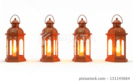 Four Brown Ramadan Lanterns Casting Warm Light on a Seamless White Background 131145664