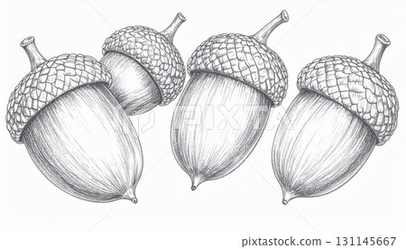 Four Acorns in Detailed Black and White Illustration Style on a White Background 131145667