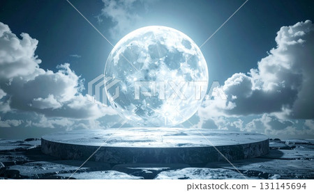Dramatic Illuminated Moon over Stone Platform at Night with Starry Sky Background 131145694
