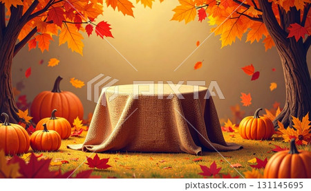 Fall Harvest Display with Pumpkins Golden Tablecloth and Colorful Autumn Leaves Fall Harvest Display with Pumpkins Golden Tablecloth and Colorful Autumn Leaves 131145695