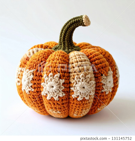 Handmade Crochet Pumpkin Decoration in Orange and Beige Colors on White Background 131145752