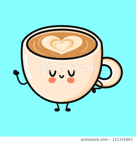 Cute coffee cup character feeling happy with latte art 131145861