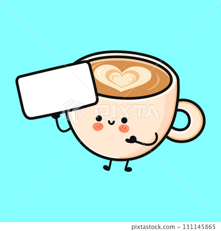 Cute coffee cup character holding blank sign 131145865