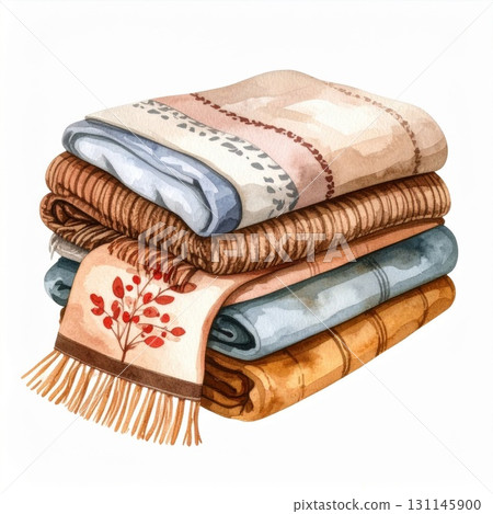 Watercolor Illustration of Folded Stacked Scarves and Blanket in Warm Tones 131145900