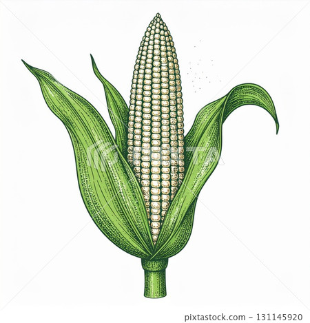 Detailed Vintage Corn on the Cob with Green Husk Illustration in Isolated White Background 131145920