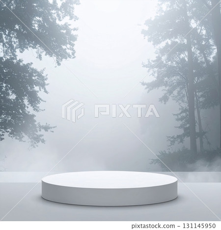 White Round Podium in Misty Forest Background for Product Display and Presentation 131145950