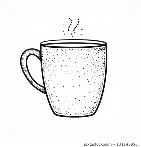 Dotted White Mug with Steam for Hot Beverage on White Background Simple Design Dotted White Mug with Steam for Hot Beverage on White Background Simple Design 131145956