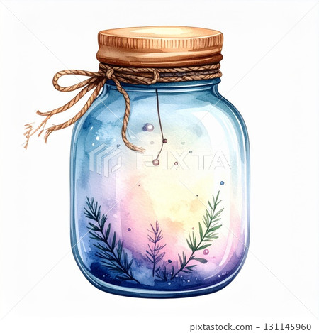 Watercolor Illustration of a Glass Jar with Wooden Lid Twine and Pastel Elements on a White Background 131145960